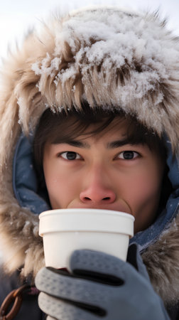 Boy with a cup of hot drink in the winter park, close-upの素材
