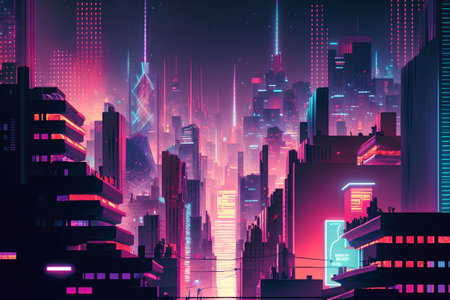 Futuristic city at night with neon lights. Vector illustration.の素材