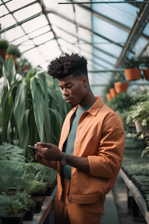 african american man using smartphone in hothouse with plantsの素材