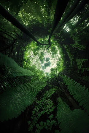 Ferns in the forest. 3D rendering. Computer digital drawing.の素材