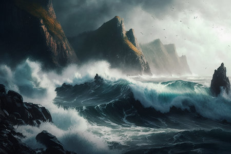 Beautiful seascape. Dramatic stormy sea. Artistic style.の素材