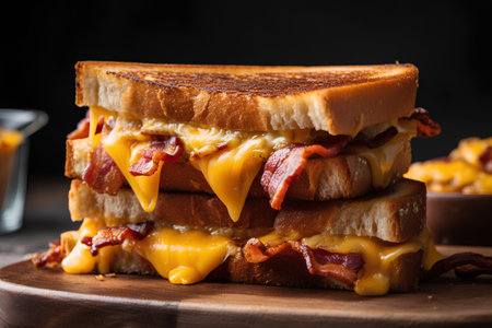 Sandwich with bacon and cheese on a wooden board. Dark background.の素材