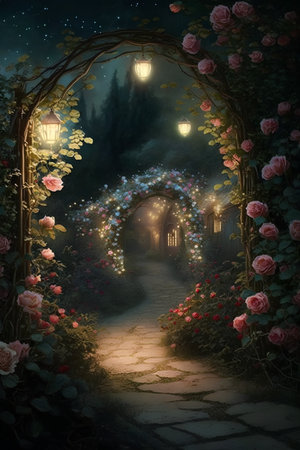 Walking through the rose garden at night,3d illustration.の素材
