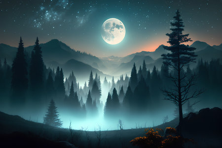 Foggy forest at night with full moon and stars. Fantasy landscape.の素材
