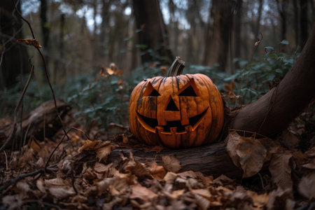 Halloween pumpkin with scary face in autumn forest. Halloween concept.の素材