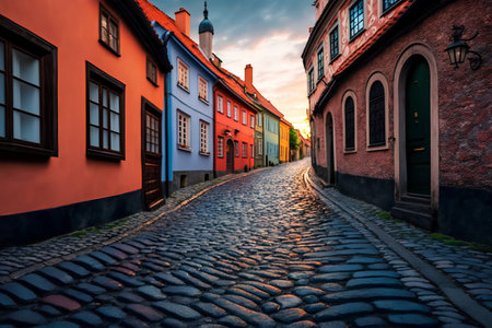 Old cobblestone street in the old town of Riga, Latvia.の素材