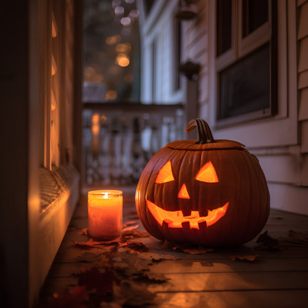 Halloween pumpkin head jack o lantern with candle in front of window at nightの素材