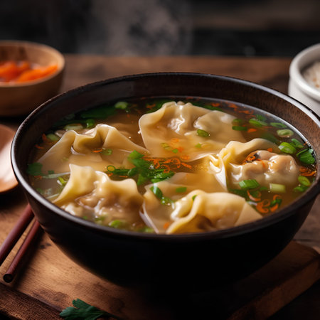 Chinese soup with dumplings in a bowl on a wooden tableの素材
