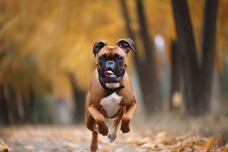 Portrait of a boxer dog running in the autumn park. Boxer breed.の素材