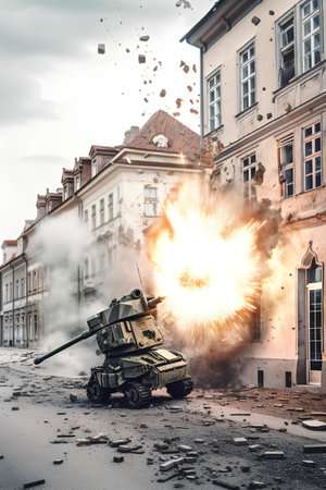 Conceptual image of a tank burning in the air on a cloudy dayの素材