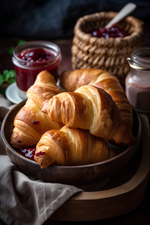 Fresh croissants with strawberry jam on wooden table, selective focusの素材