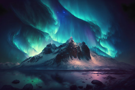 Beautiful aurora borealis in the mountains. 3D renderingの素材