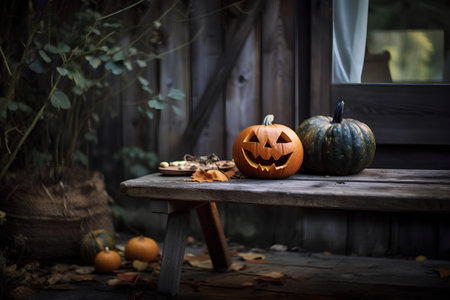Halloween pumpkins and autumn leaves on rustic wooden background.の素材