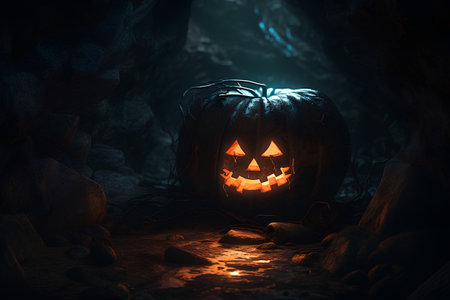 Halloween pumpkin in the dark forest. 3d rendering illustration.の素材