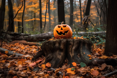 Halloween pumpkin on a stump in the autumn forest. Selective focusの素材