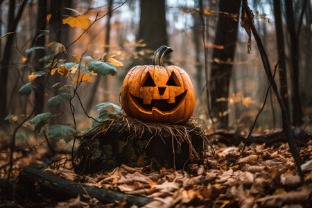 Halloween pumpkin in the forest. Spooky halloween conceptの素材