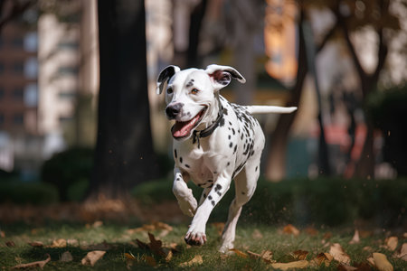 Dalmatian dog running in autumn park. Selective focusの素材