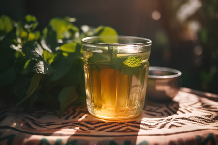 A cup of mint tea with fresh mint leaves on a wooden tableの素材