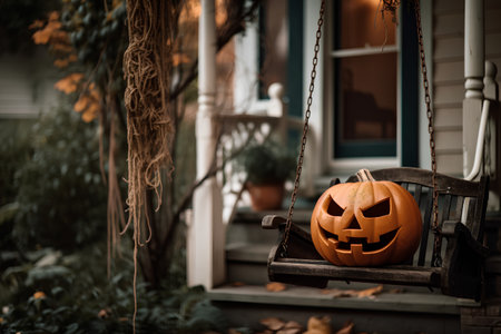 Halloween pumpkin on a swing in front of the house. Halloween conceptの素材