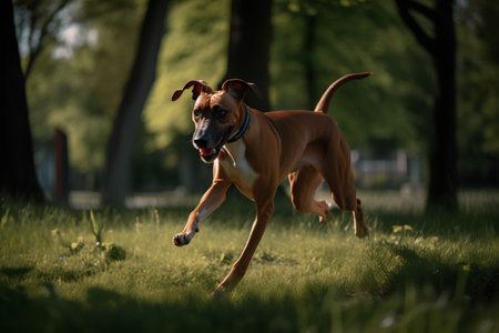 Portrait of a Rhodesian Ridgeback dog running in the parkの素材