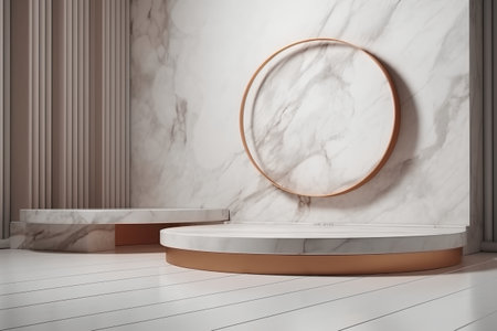 3d render of podium and round mirrorle wall background.の素材