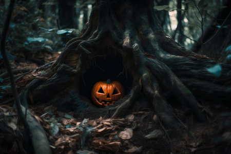 Halloween pumpkin hidden in a tree in the forest. Halloween concept.の素材