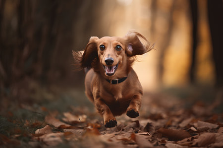 Long haired dachshund running in the autumn forest.の素材