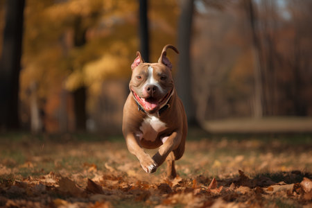 American Staffordshire Terrier running in the autumn park. Selective focus.の素材