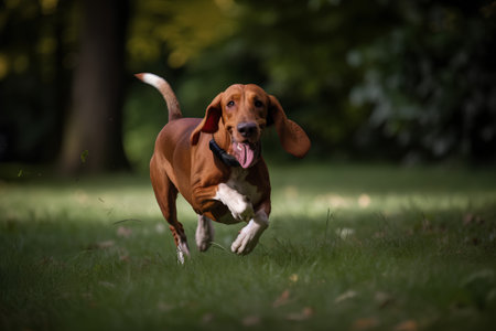 Bavarian hound dog running in the grass with tongue outの素材