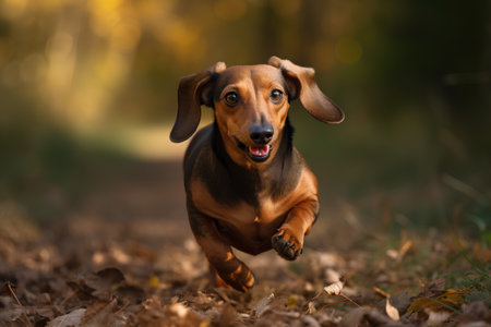 Dachshund puppy running in autumn forest. Shallow depth of field.の素材