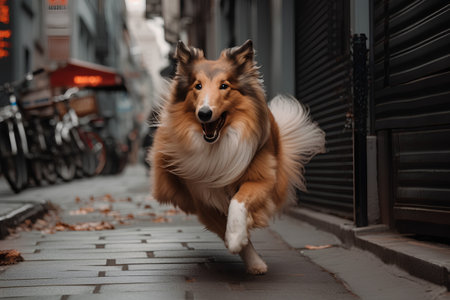 Shetland Sheepdog running on the street in Paris, Franceの素材