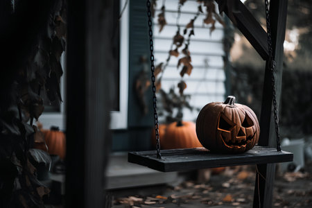 Halloween pumpkin on the swing. Selective focus. Holiday.の素材