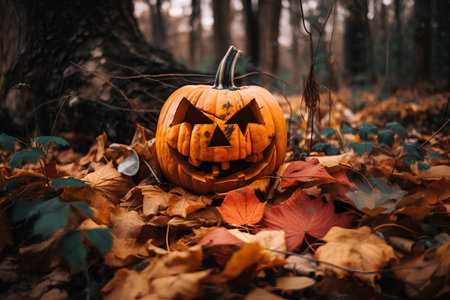 Halloween pumpkin head jack-o-lantern in autumn forestの素材