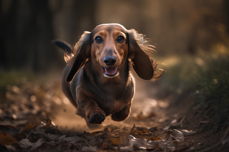 Long haired dachshund running in the autumn forest.の素材