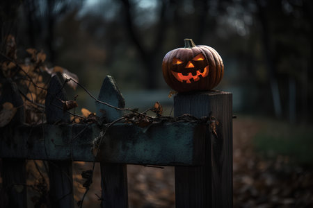 Halloween pumpkin on a wooden fence in the forest. Selective focus.