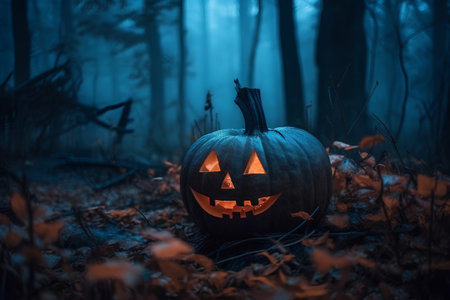 Halloween pumpkin in the forest at night with fog and orange leavesの素材