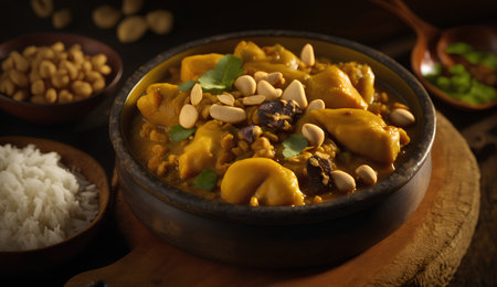 Pumpkin curry with cashew nuts and rice in a bowlの素材