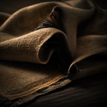 Fabric burlap on a wooden table. Selective focus. Toned.の素材