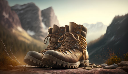 Hiking boots on the stone in the mountains. 3d illustrationの素材