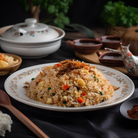 Fried rice with pork and vegetables in a plate on a dark backgroundの素材