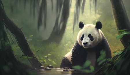 Giant panda in the jungle. 3d render illustration.の素材