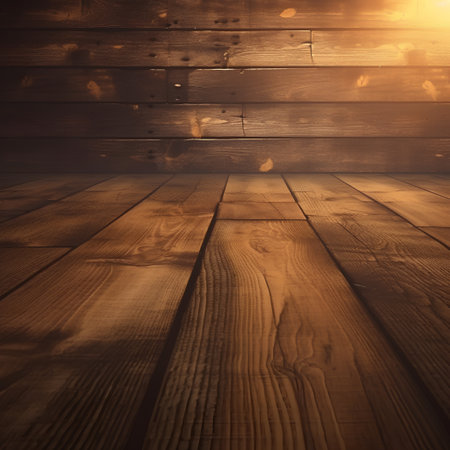 Wooden floor in front of a wall lit by the sun.の素材