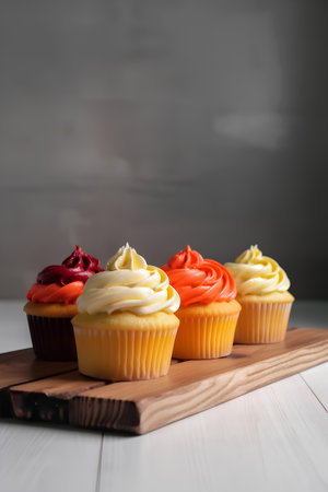 Cupcakes with red, orange and yellow frosting on wooden boardの素材