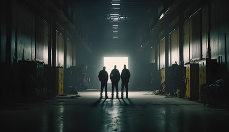 Silhouette of a group of people standing in an industrial warehouse.の素材