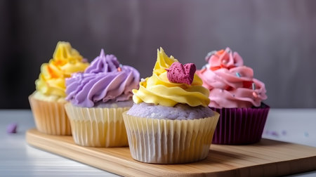 Colorful cupcakes on a wooden board. Selective focus.の素材
