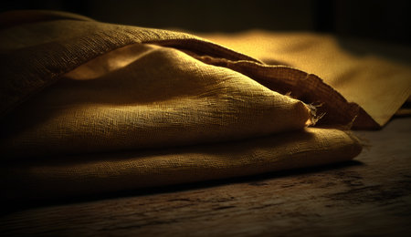 Close up of burlap fabric on wooden table. Selective focus.の素材