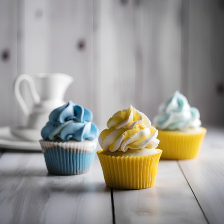 Cupcakes with cream on a white wooden background. Selective focus.の素材