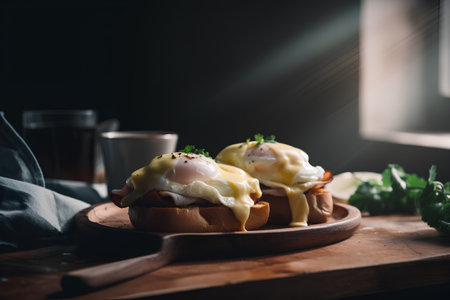 Eggs benedict with hollandaise sauce on wooden boardの素材