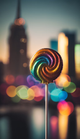 Colorful lollipop on the background of the night city.の素材