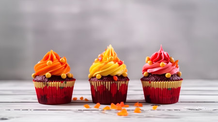 Colorful cupcakes on a wooden background. Selective focus.の素材